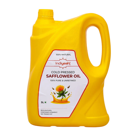 Yellow container of Indiyeah cold pressed safflower oil on a white background