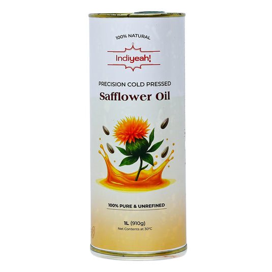Tin Can of Indiyeah Safflower Oil with branding and product details on a white background