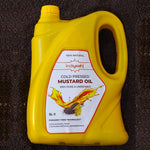 5L container of Indiyeah cold pressed mustard oil on a dark textured background